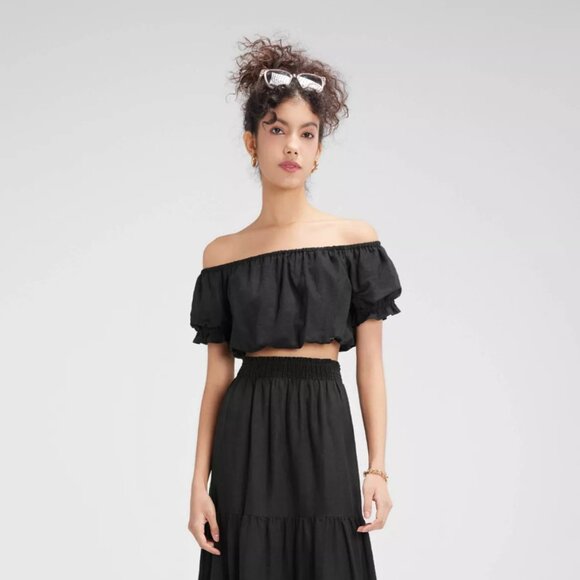 NWT Wild Fable Women's Size Small Black Puff Sleeve Off-Shoulder Crop Blouse - Picture 1 of 13